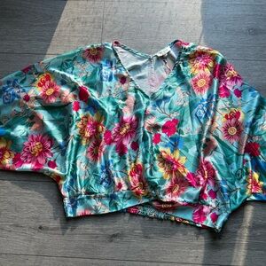 Umgee Teal Floral V-Neck Crop Top with Pink and Yellow Blooms